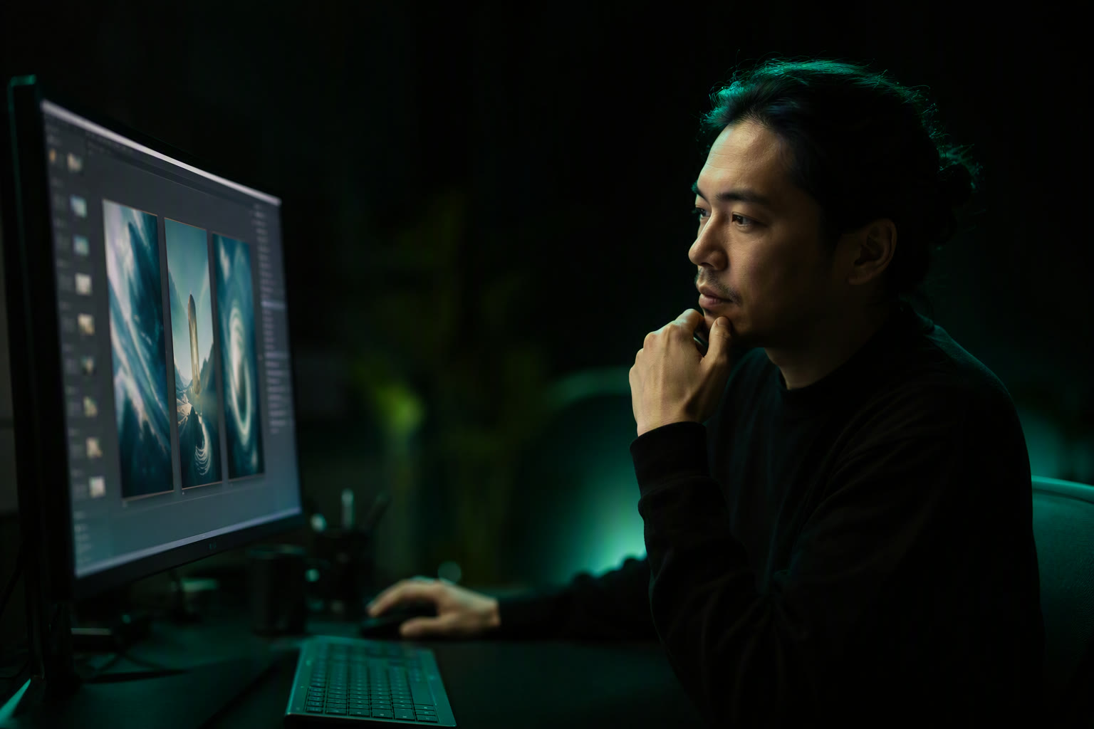A creative technologist reviewing ad comps on a monitor in a dark studio